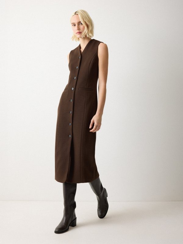 V Neck Long Waistcoat Dress | Brown