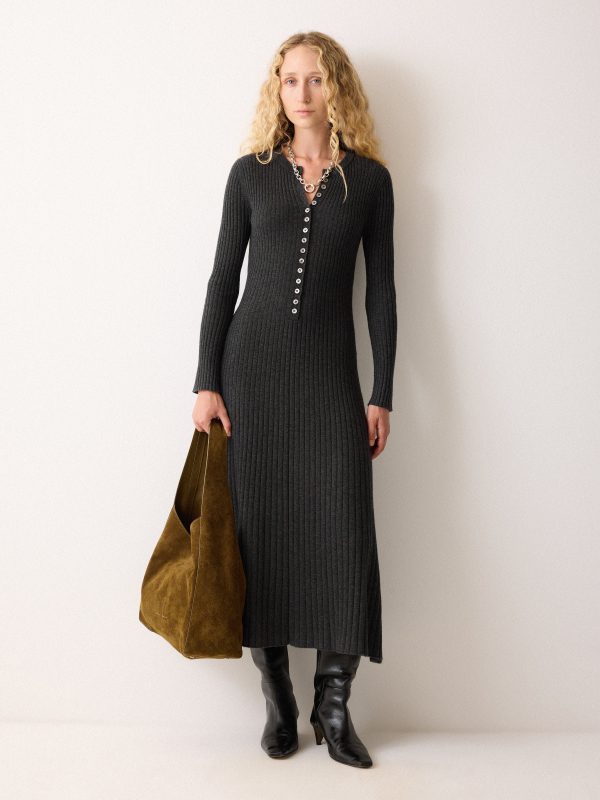 Multi Button Rib Knit Dress | Charcoal