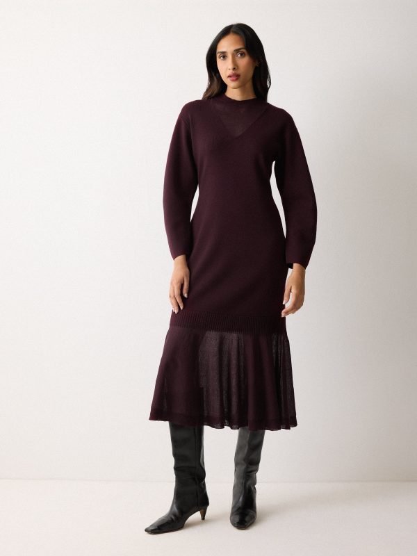 Sheer Panel Knit Dress | Burgundy