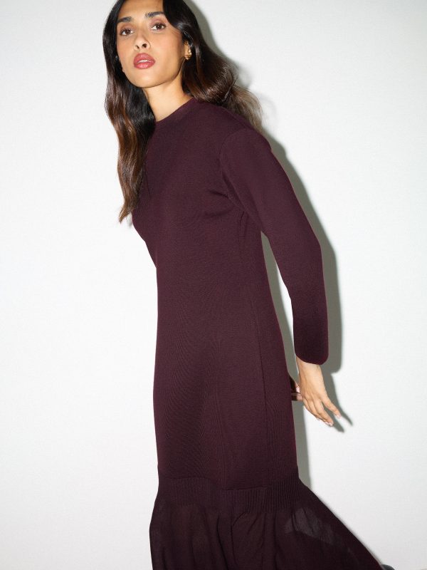 Sheer Panel Knit Dress | Burgundy
